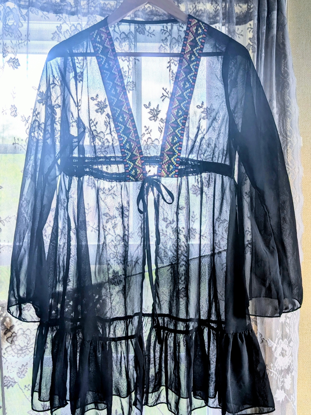 Sheer Black Kimono with Embroidered Trim